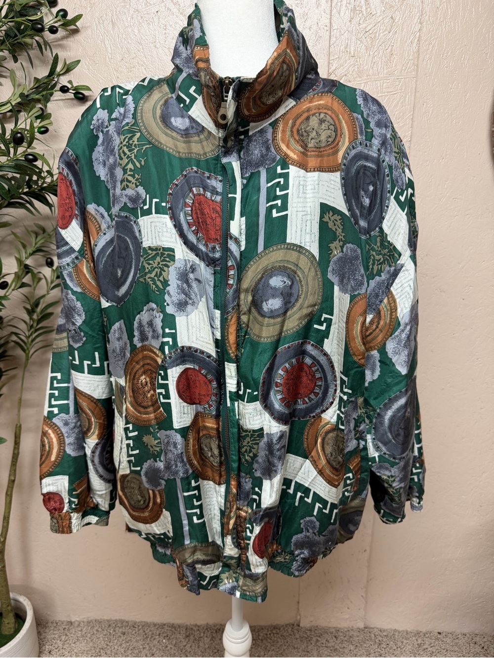 Green Patterned Bomber Jacket with Medallion Print